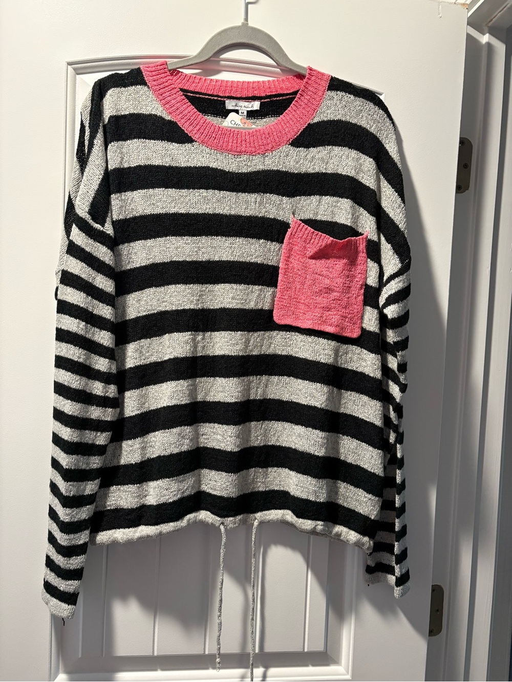 White Birch Black/Gray Striped Chenille Sweater with Pink Pocket Lightweight